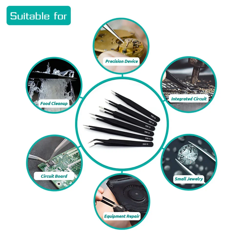 6pcs Precision Tweezers Set ES – обзор и цена Diy Electronics Soldering Kit